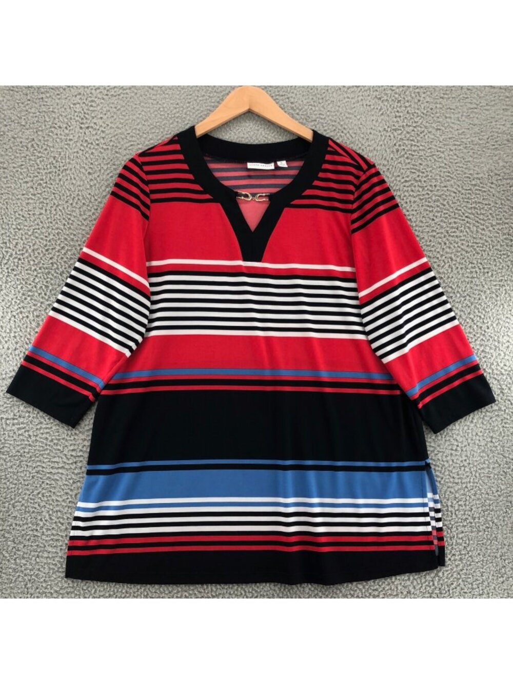 Susan Graver Top Womens Extra Large Red Multi Striped Liquid Knit 3/4 Sleeves